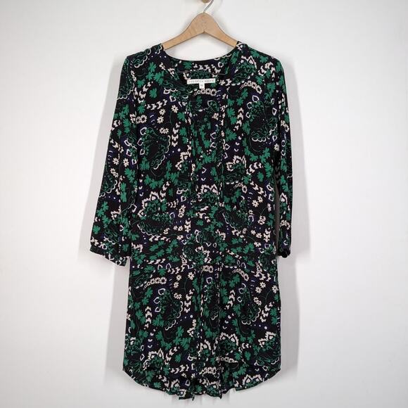Veronica Beard Elm Silk Shirtdress V-Neck Pleated Green Floral Size 2 Preowned - Picture 3 of 13